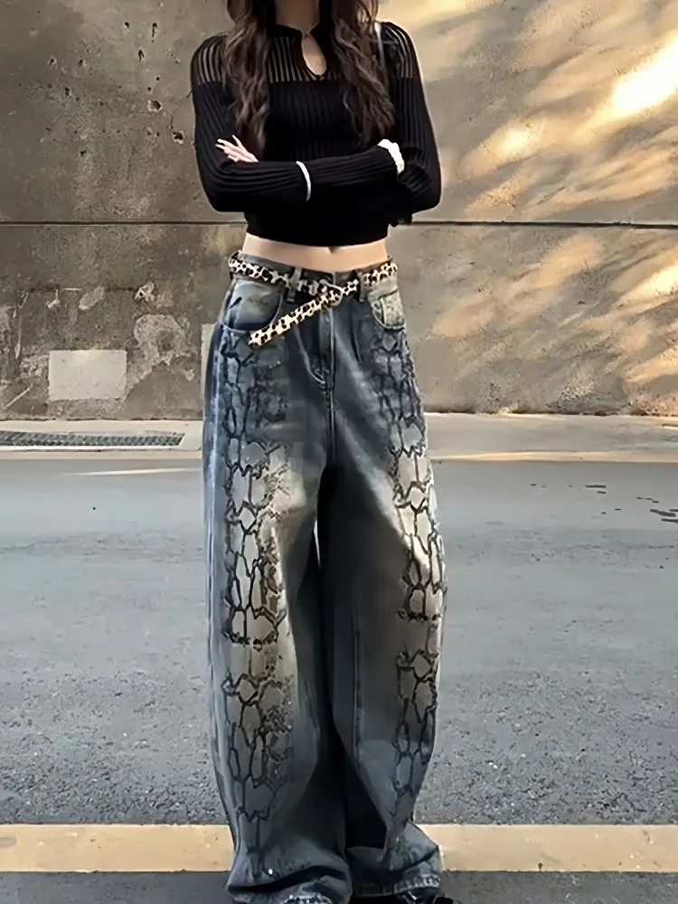 2025 Ropa Y2K Mode Vintage Blau Graffiti Gemalt Baggy Jeans Hosen Frauen Kleidung New Rock Gerade Alte Dame Denim Hosen – Detail 12