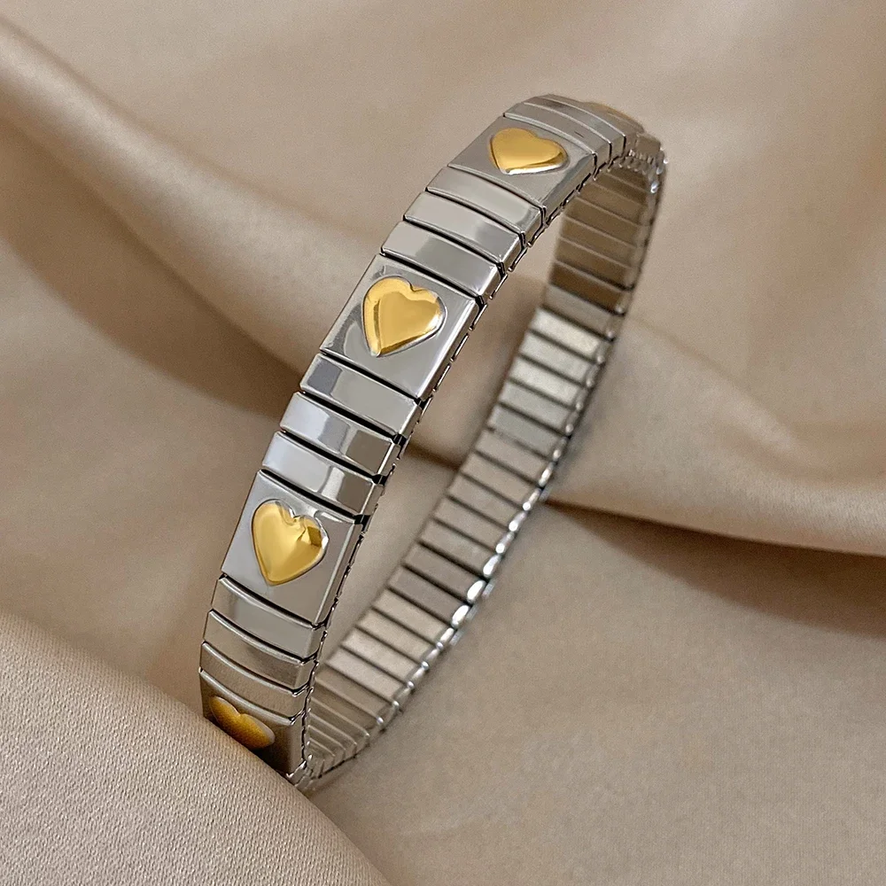 18k Gold Plated Waterproof Stainless Steel Heart & Flower Bangle Bracelet