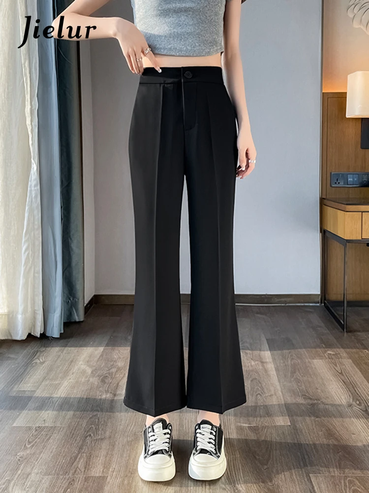 Jielur Suit High Waist Female Flare Pants Simple Fashion Workwear Summer Black High Waist Slim Solid Color Casual Women's Pants