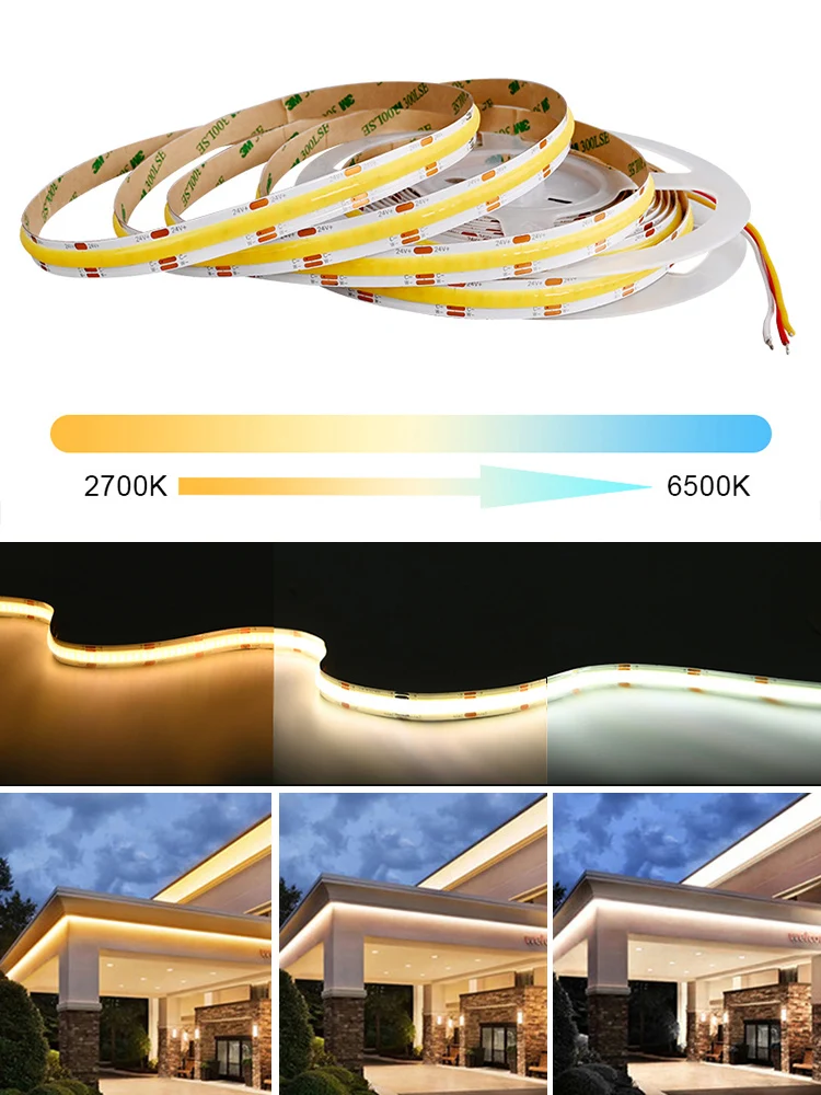 COB CCT LED 스트립 조명 608 LED/m 고밀도 유연한 밝기 조절 FOB LED 테이프 2700K-6500K 변경 가능 조명 DC12V 24V