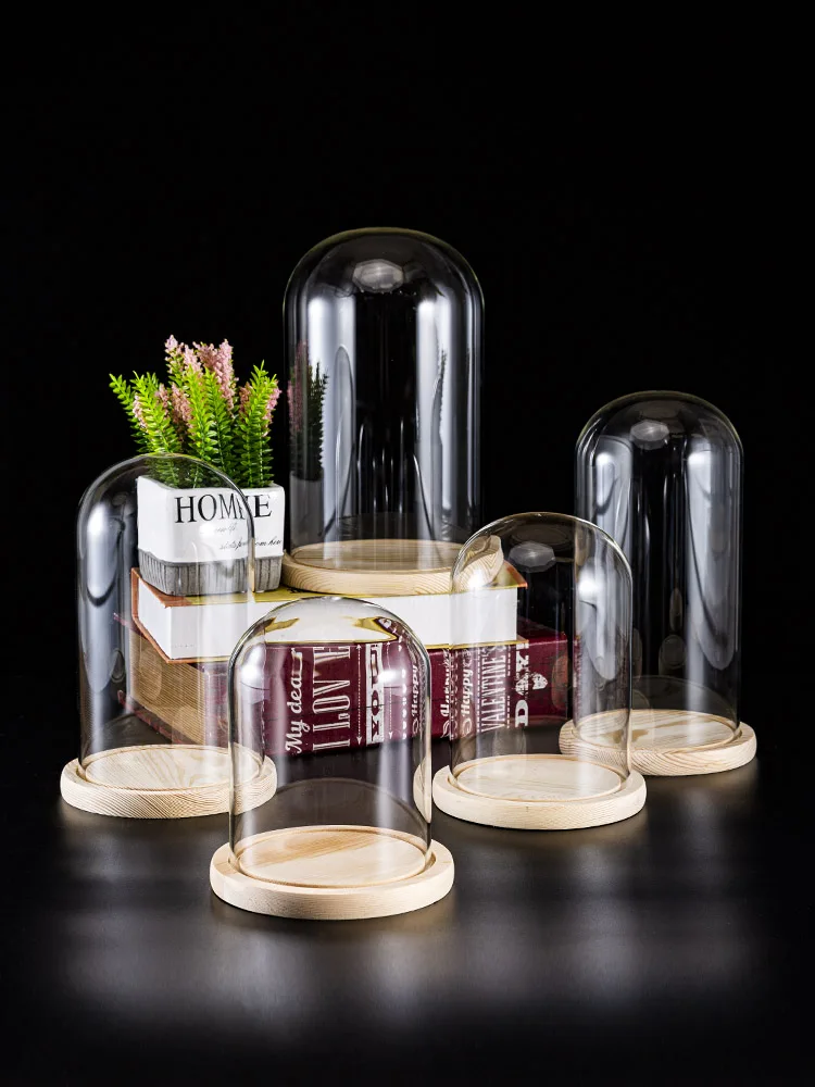 Glass Flower Display Flower Cover Wooden Base Everlasting Flower Ornaments Handmade Craft Bell Jar Tabletop Display Decor Box