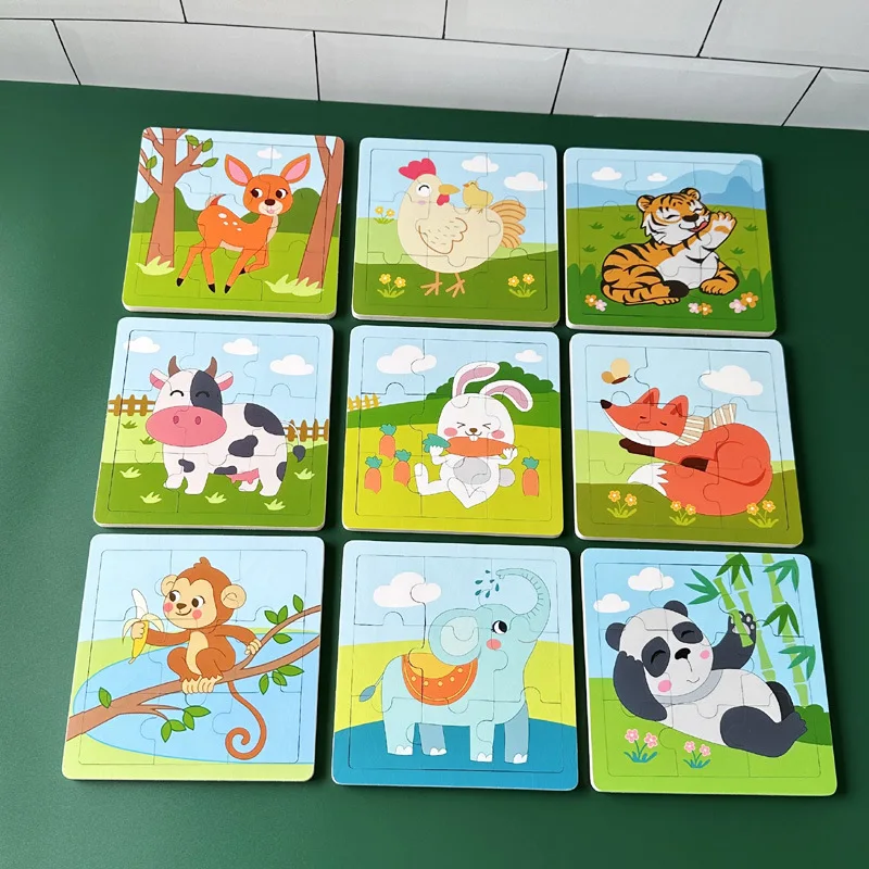 New 9 Piece Wooden Puzzle Toy Educational Cognitive Learning for Toddlers Cartoon Animals Vehicles Toddler Board Kids Gift