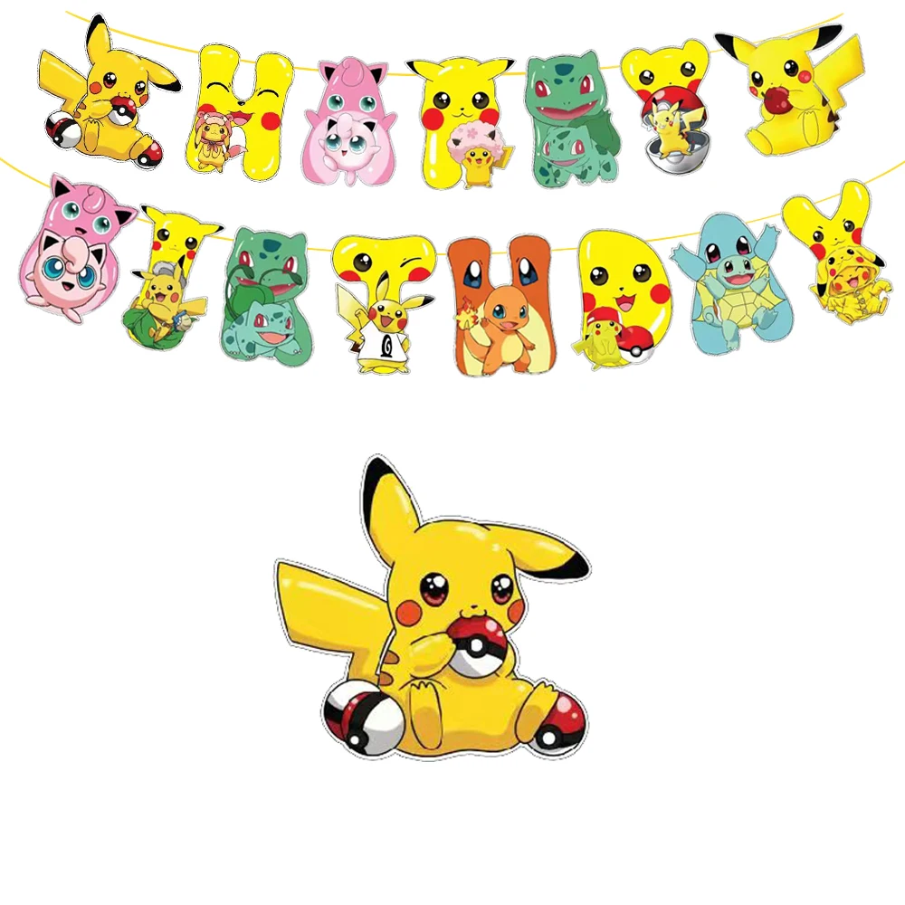 Pokemon Birthday Party Decorations Pikachu Cute Anime Foil Balloons Tableware Plate Napkin Backdrop Kids Boy Party Supplies