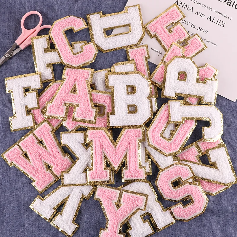 6 PCS Chenille Letter Patches, Pink Gold Letter Patch, Glitter Patches,  Embroidered Letters Patches, Varsity Chenille Iron on Letters Bulk for Hats