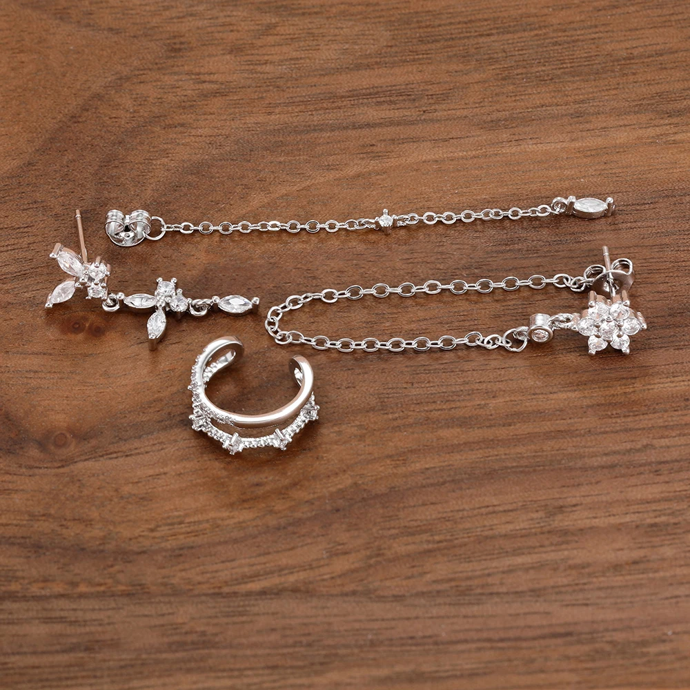 3-teiliges Set mit Blumen- und Schmetterlings-Quasten-Ketten-Ohrhängern für Damen, Zirkonia, falsche Perforation, Ohrclip, hypoallergen, Statement-Schmuck – Detail 7