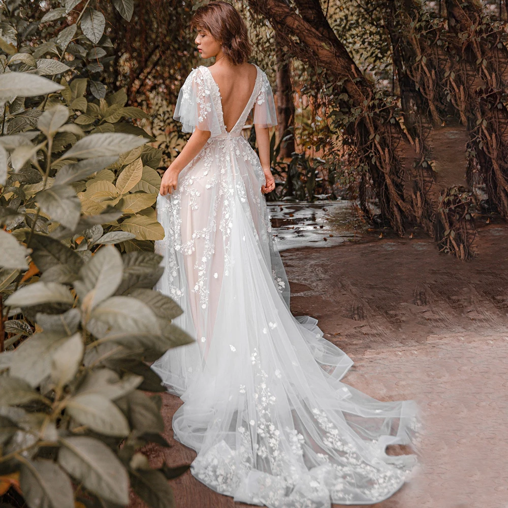 Lace Embriodered V Neck Wedding Dress Customized Drop Ship Short Flutter  Sleeves Tulle Backless A Line Appliqued Bridal Gowns - AliExpress 320