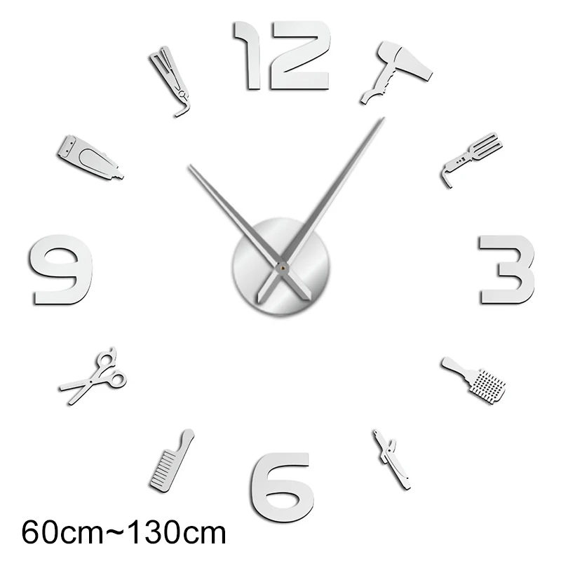Barber Shop Giant DIY Wall Clock Modern Design Barbershop Decoration 3D DIY Wall Mirror sticker Hair Stylist Hairdresser Gift 