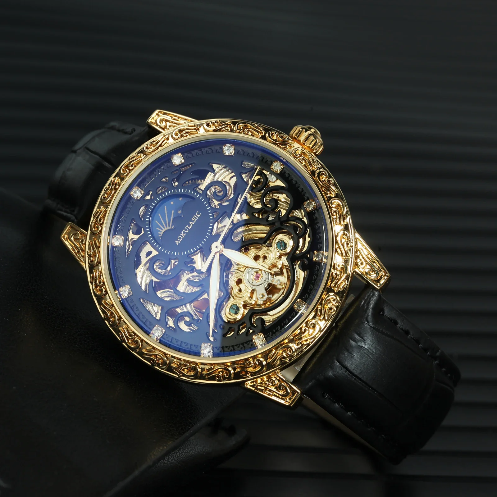 

AOKULASIC Retro Iced Out Skeleton Mens Watches Top Brand Luxury Engraved Case Moon Phase Automatic Mechanical Watch Leather Belt