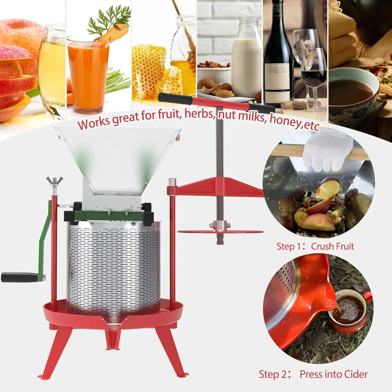 Stainless Steel Heavy-Duty T-Handle Wine Press for Fruits - 3.69 Gallon Capacity, Perfect for Apple, Grape, and Home Brewing