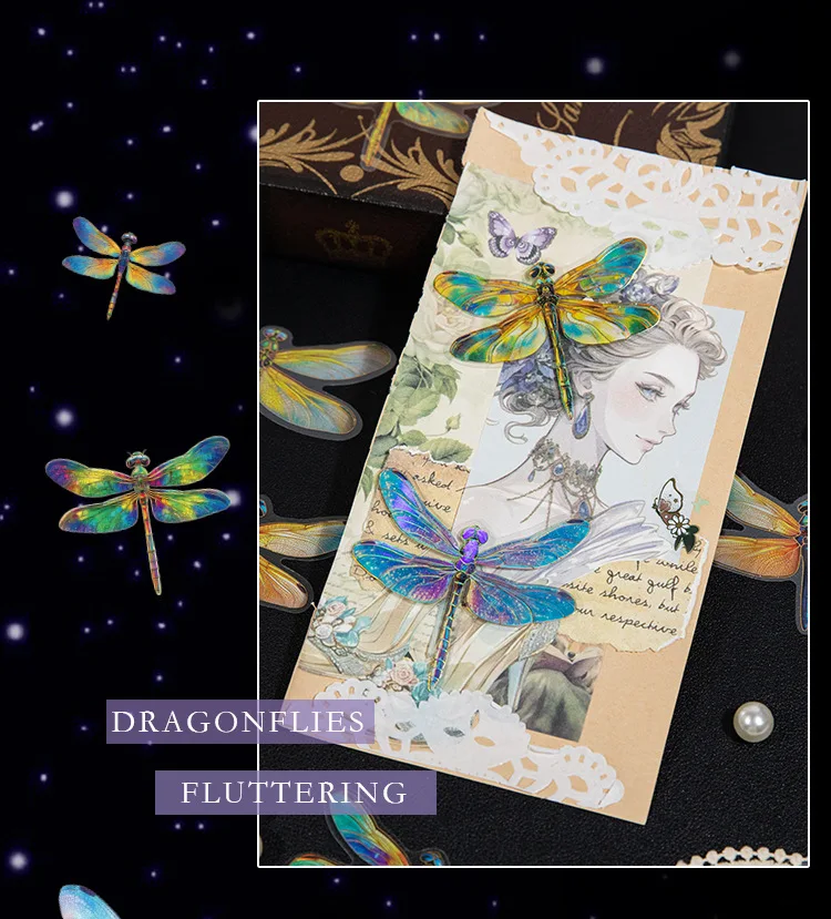 20pcs Kawaii beautiful colored dragonfly PET die-cutting hot stamping sticker Collage Junk Journal scrapbook decoration supplies