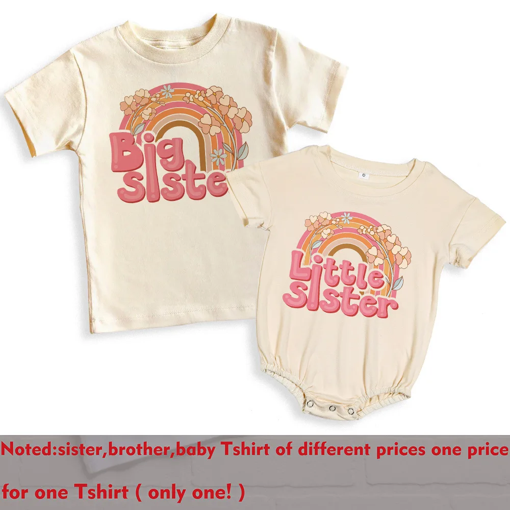 Big Sister Little Sister Rainbow Shirt Retro Sibling Matching Outfit Kids Short Sleeve T-shirt Tops Baby Large Bubbles Romper 4