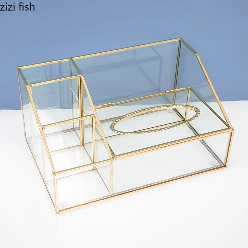 Glass Tissue Box Desktop Remote Control Multi-function Storage Box Cosmetic Organizer Jewelry Boxes Storage Bucket Home Shelf 3