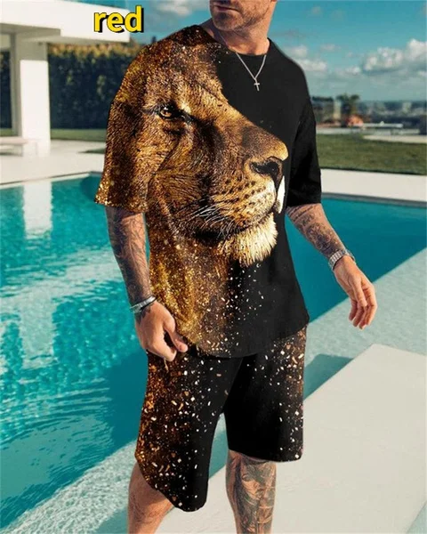 Summer Fashion Animal Lion Tiger Men Sets 3d Printed Tracksuit Casual Short Sleeve T Shirt+Shorts SportsWear 2 PCS Set men women animal fish hunting camo 3d printed hoodie set harajuku unisex cool tracksuit fashion hip hop streetwear clothing suit