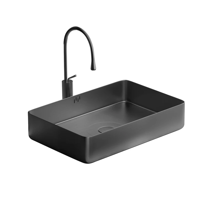 

Customized black stainless steel basin on table with overflow sink Bar bathroom wash Gold art
