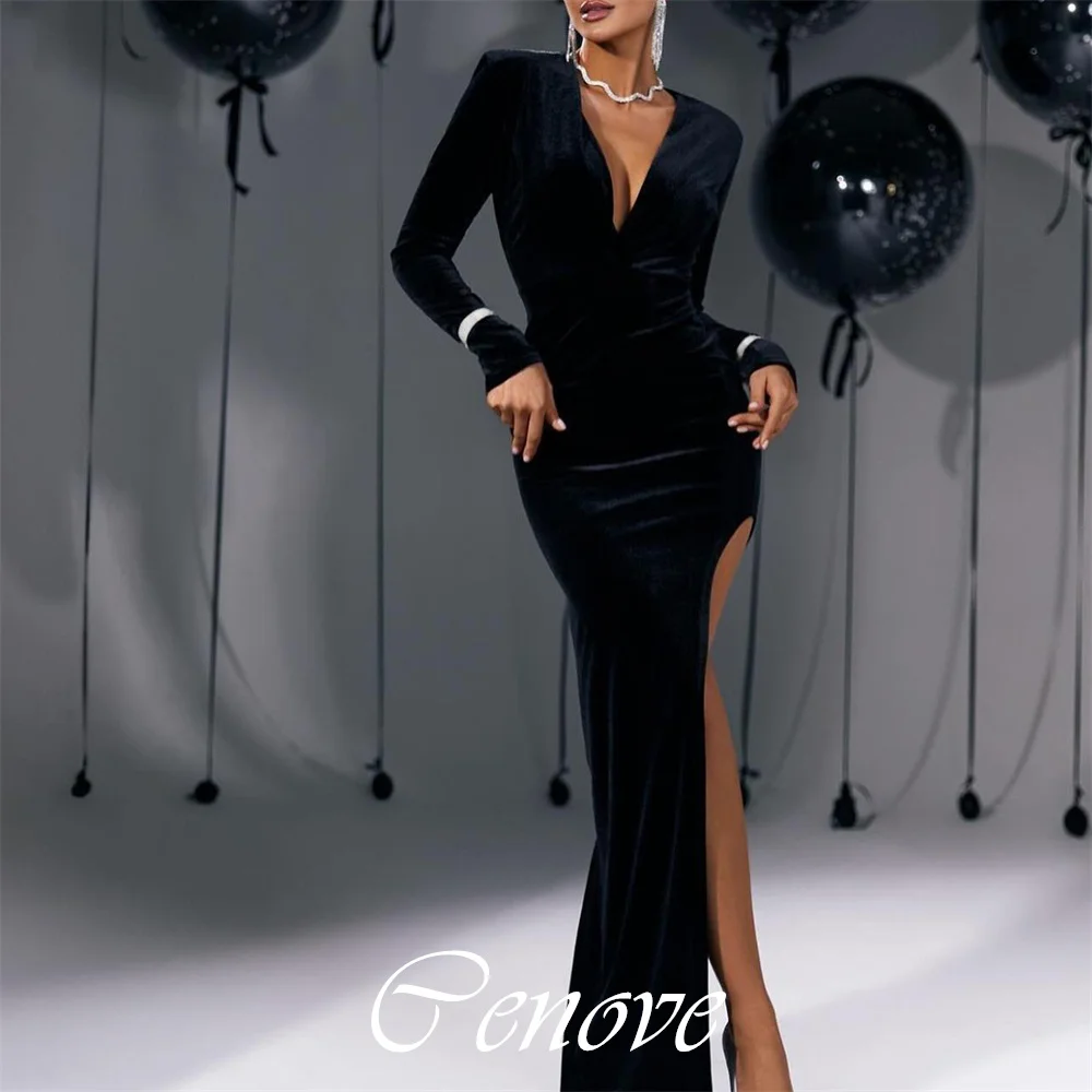 

Cenove 2024 Arab Dubai V Neckline Prom Dress Split Floor-Length With Long Sleeves Evening Fashion Elegant Party Dress For Women