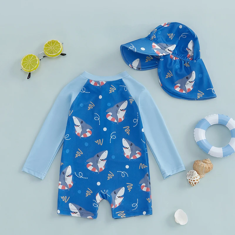Tregren Toddler Boy Long Sleeve Swimsuit Cartoon Shark Print Half Zipper Rash Guard Swimwear with Sunhat Kids Beach Bathing Suit