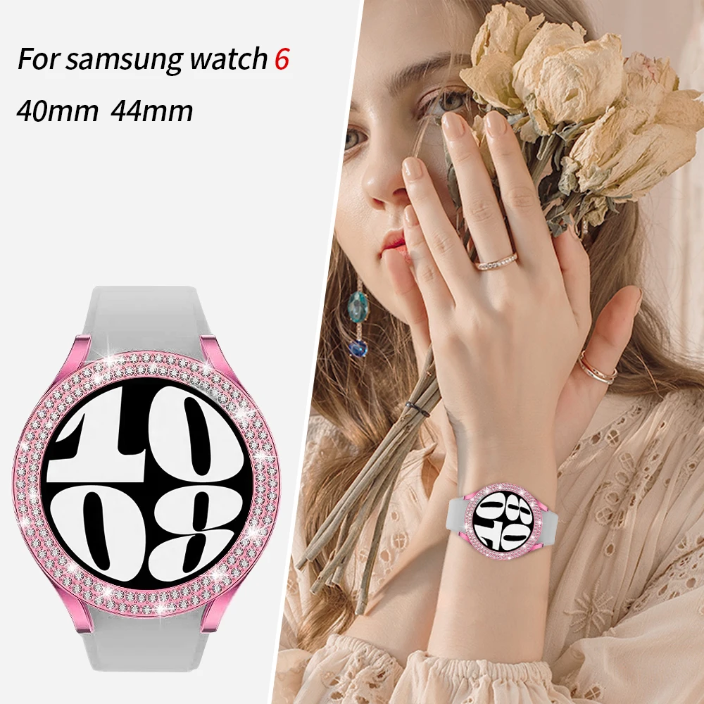 Double Diamond Case for Samsung Galaxy Watch 6 40mm 44mm Bling PC Hollow Frame Protective Bumper for Galaxy Watch 6 Accessories