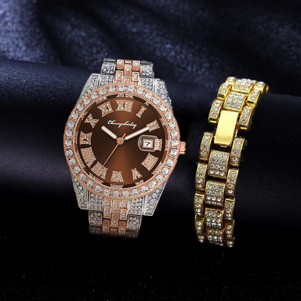 2pcs Full Iced Out Watches Mens Bracelet Bling Bling Watch Jewelry for Men Gold Watch Hip Hop Jewelry Men Watch Set Clocks Reloj