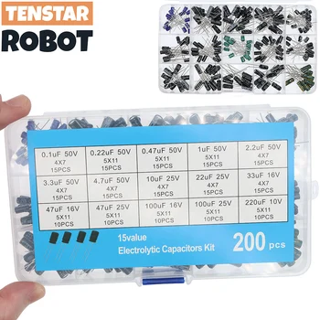 방사형 커패시터 세트, 15 값, 10V, 16V, 25V, 50V, 0.1uF-220uF 전해질 캐패시터 모음 키트, 0.22uf, 2.2uf, 100uf, 200 개