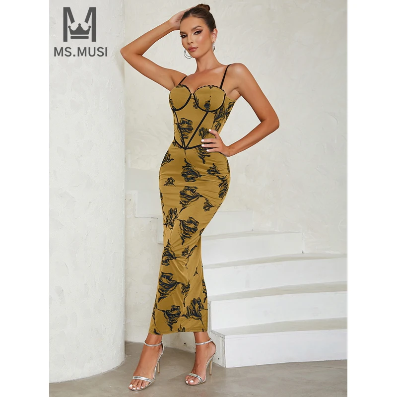 

MSMUSI 2024 New Fashion Women Sexy Strap Floral Stripe Lace Mesh Sleeveless Backless Bodycon Party Club Event Maxi Dress Gown