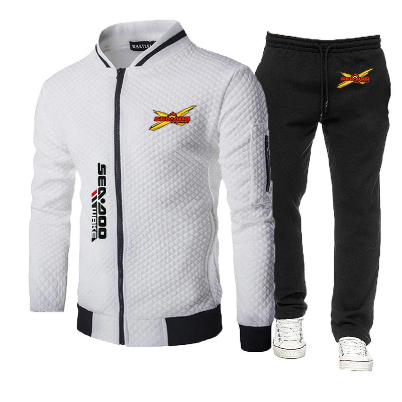 2023 Spring Autumn Sea Doo Seadoo Moto Logo Print Stripe Round Neck Sweatshirts Zip Jacket+Sports Fashion Trousers Slim Fit Sets