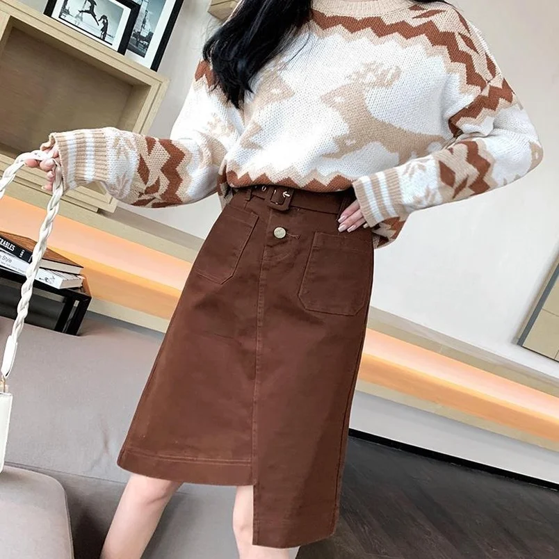 

European Style Knee-Length Skirts Female Spring Autumn New High Waist Oversize A-Line Skirt Asymmetrical Mujer Faldas Howdfeo
