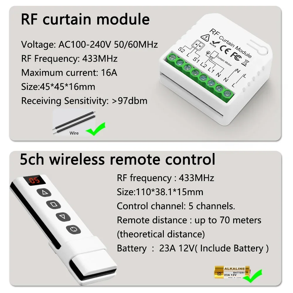 433Mhz Curtain Switch Electric Rolling Shutter Module 110v 220v 16A with 5CH Remote Control for Electric Blind Motor Garage Door images - 6