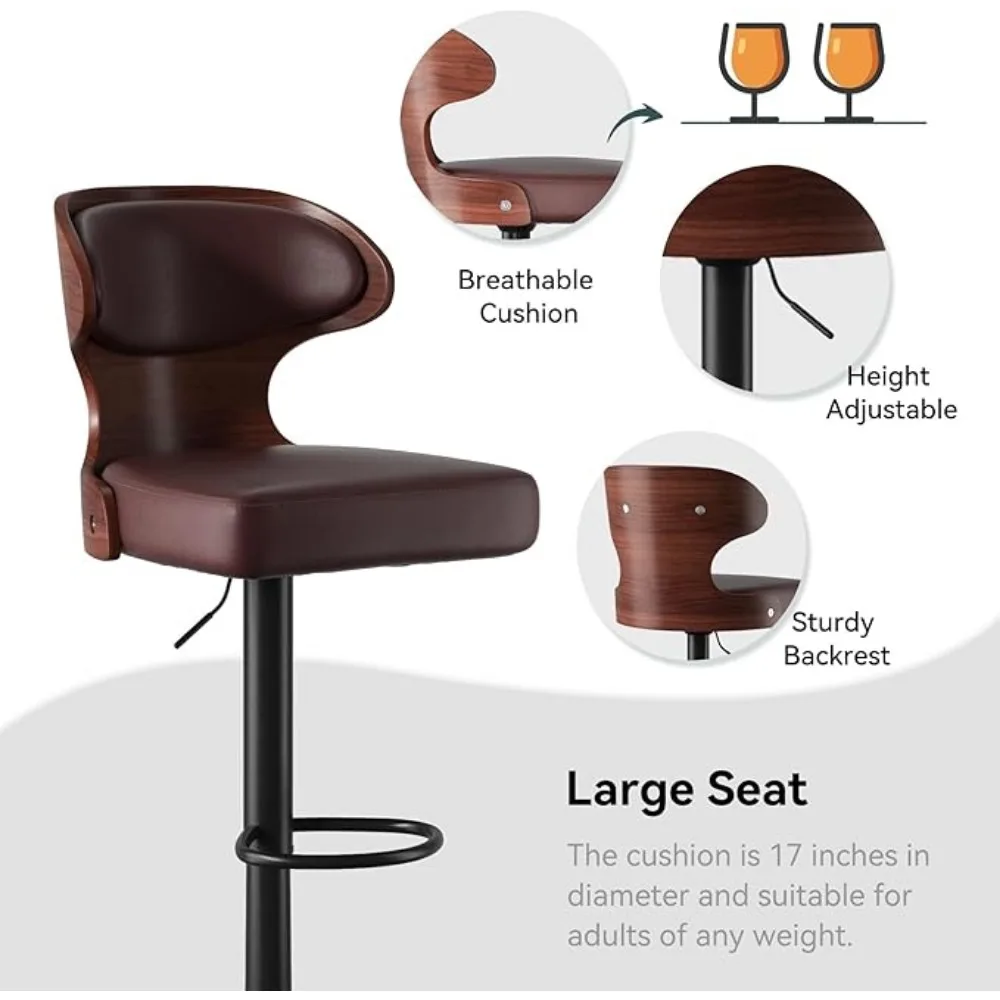Set of 2 Seat Adjustable Height 24.5-33.5IN Bentwood Swivel Barstools with Back & Footrest-PU Leather Upholstered Bar Chair, bar chairs