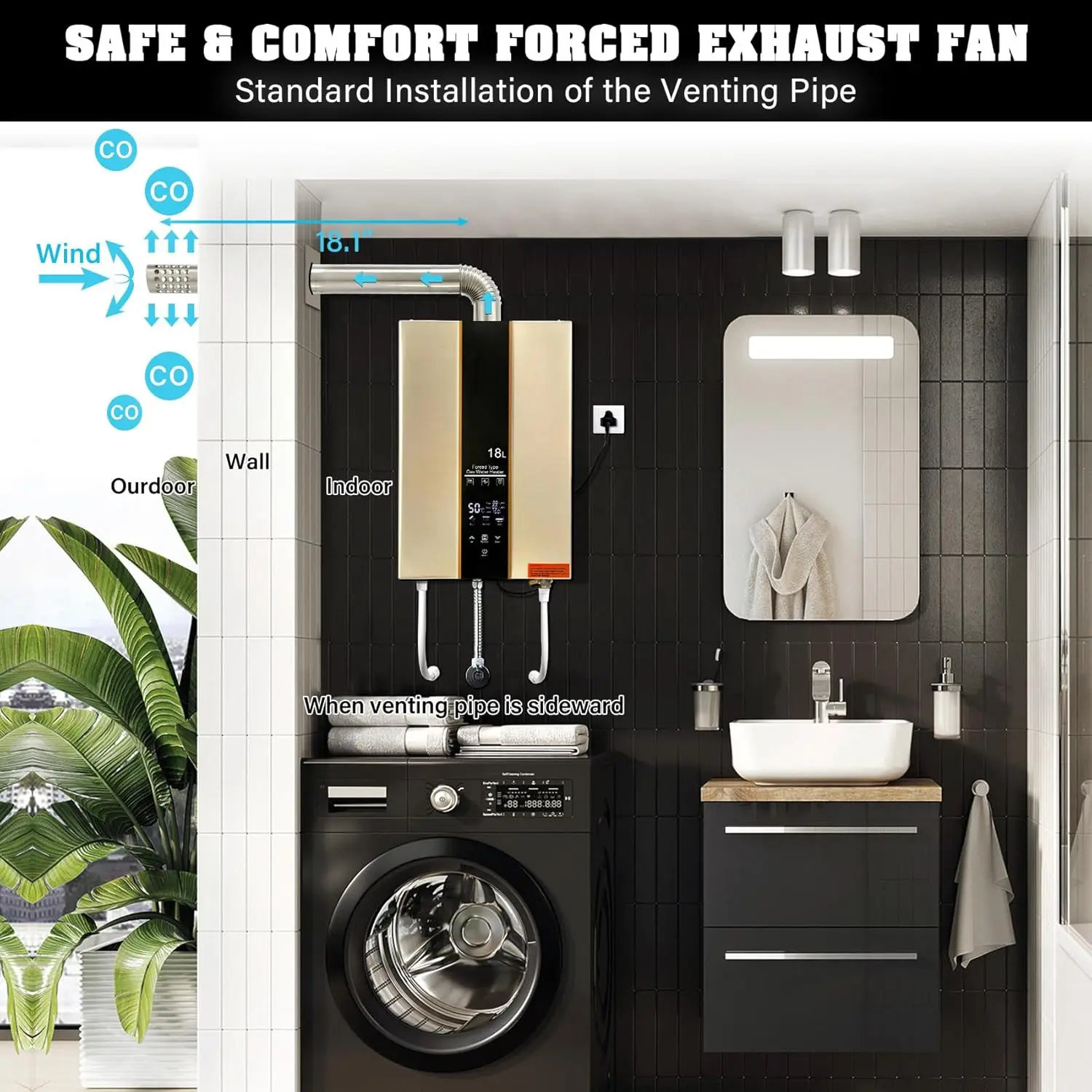 18L Tankless Water Heater Natural Gas 4.75 GPM On-Demand Instant Hot Water Heater 111000BTU with Digital Display Touch Screen