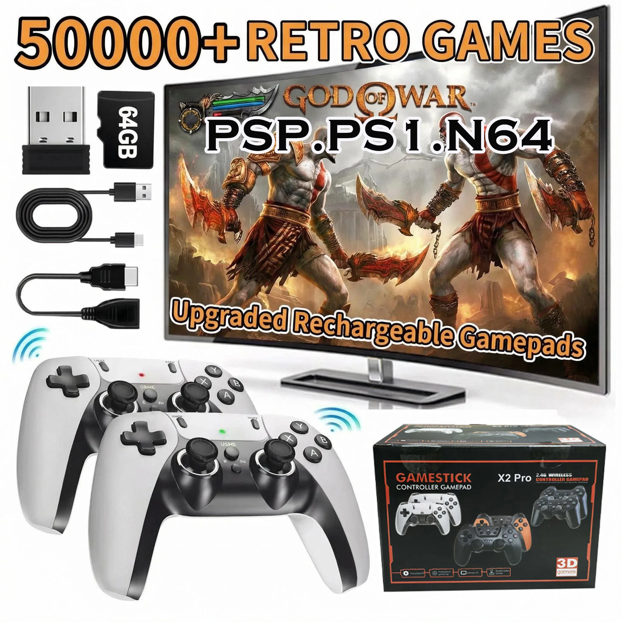 X2PRO 4K Ultra HD Retro-Konsole, kabelloser, wiederaufladbarer Gamepad, 2 Spieler, HDMI-kompatibles Heimkino-Spiel_voghion.com
