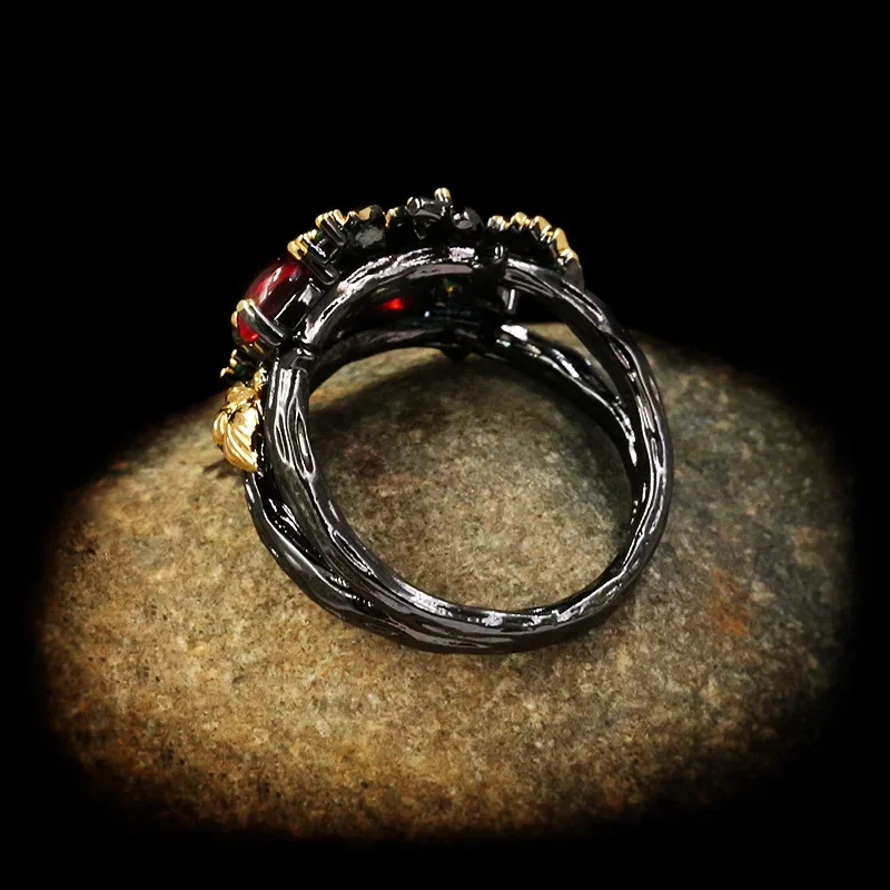 Leaf Flower Color Zircon Ladies Women's Ring Jewelry Black Gold Two-color Red Zircon Ring Ladies golden ring gemstone ring gold rings