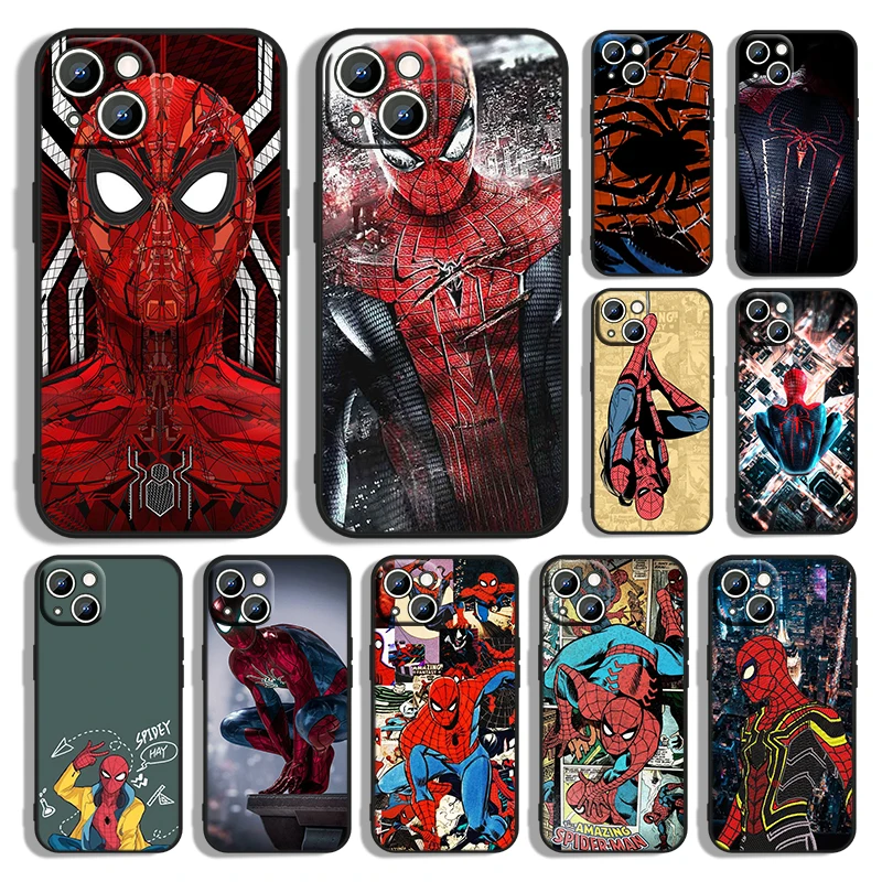 

Marvel Spider-Man Avengers Phone Case For Apple iPhone 14 13 12 11 Pro Max mini XS XR X 8 7 6S 6 Plus Black Soft Funda Cover