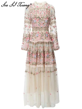 Seasixiang-فستان ماكسي شبكي عتيق بطول الأرض للنساء ، رقبة دائرية ، كم فانوس ، تطريز زهور ، موضة ، خريف ، حفلة 1