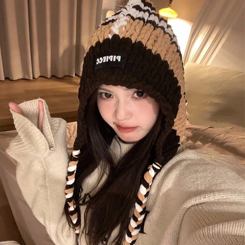 

Korean Rough Wool Hand-crocheted Pullover Bomber Hat Women's Winter Warm Fashion Ear Protection Lace-up Knitted Beanie Hats