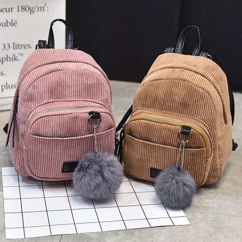 

Girl Mini Backpack Women Ball Solid Color Corduroy Small Backpack Autumn Winter Teenage Travel School Bag