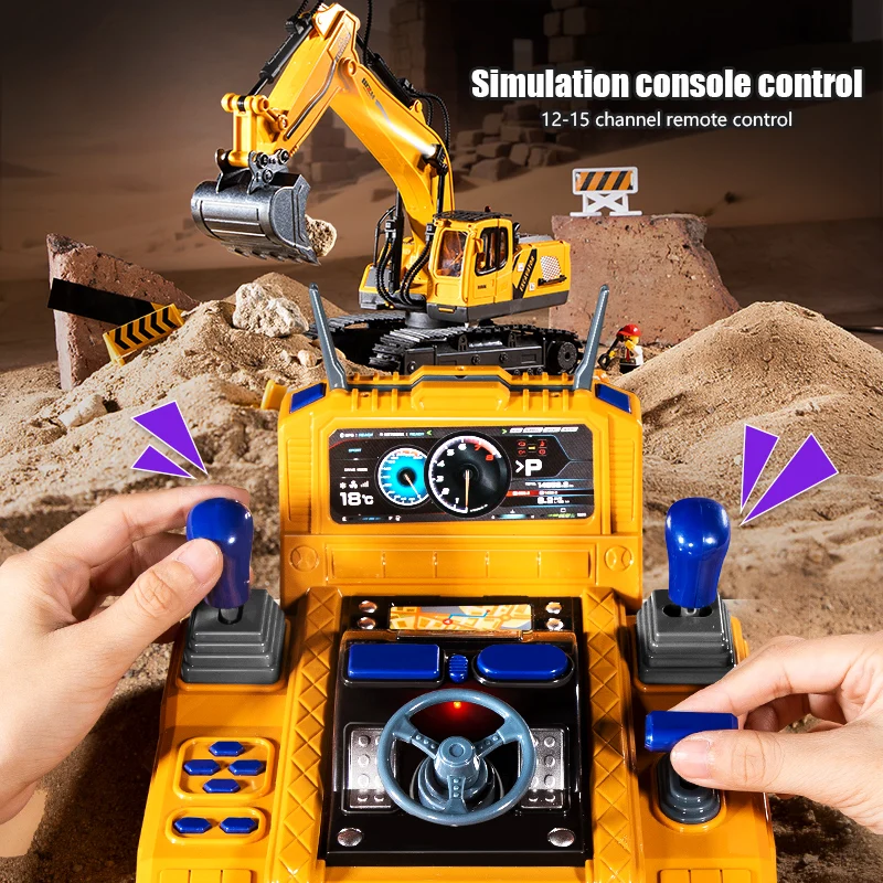 Pelle excavatrice RC soulevant des blocs de construction avec sa télécommande 2.4GHz