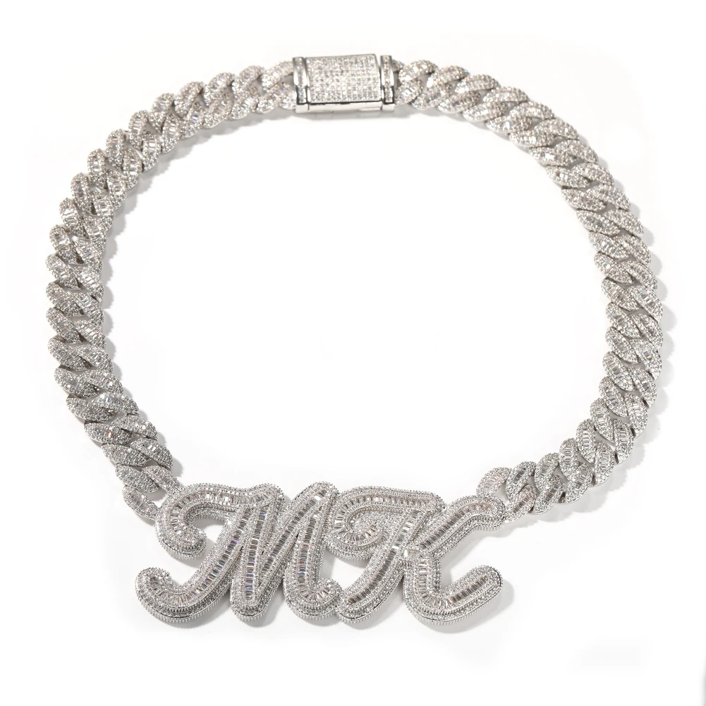 TBTK Custom Baguettecz Letter With 16mm Heavy Miami Cuban Chain Necklace Iced Out Bling Square Cubic Zirconia Hiphop Jewelry