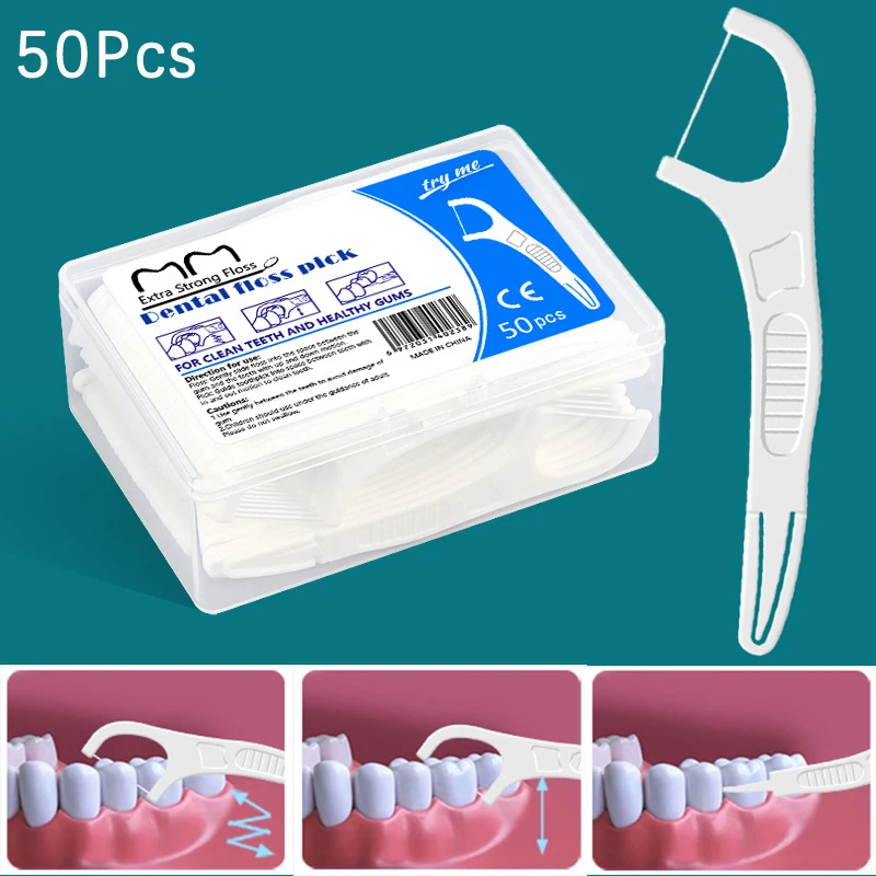 

50Pcs/Box Double Headed Folding Dental Floss White Ultra Fine Dental Floss Stick Interdental Oral Hygiene Care Toothpick Tools