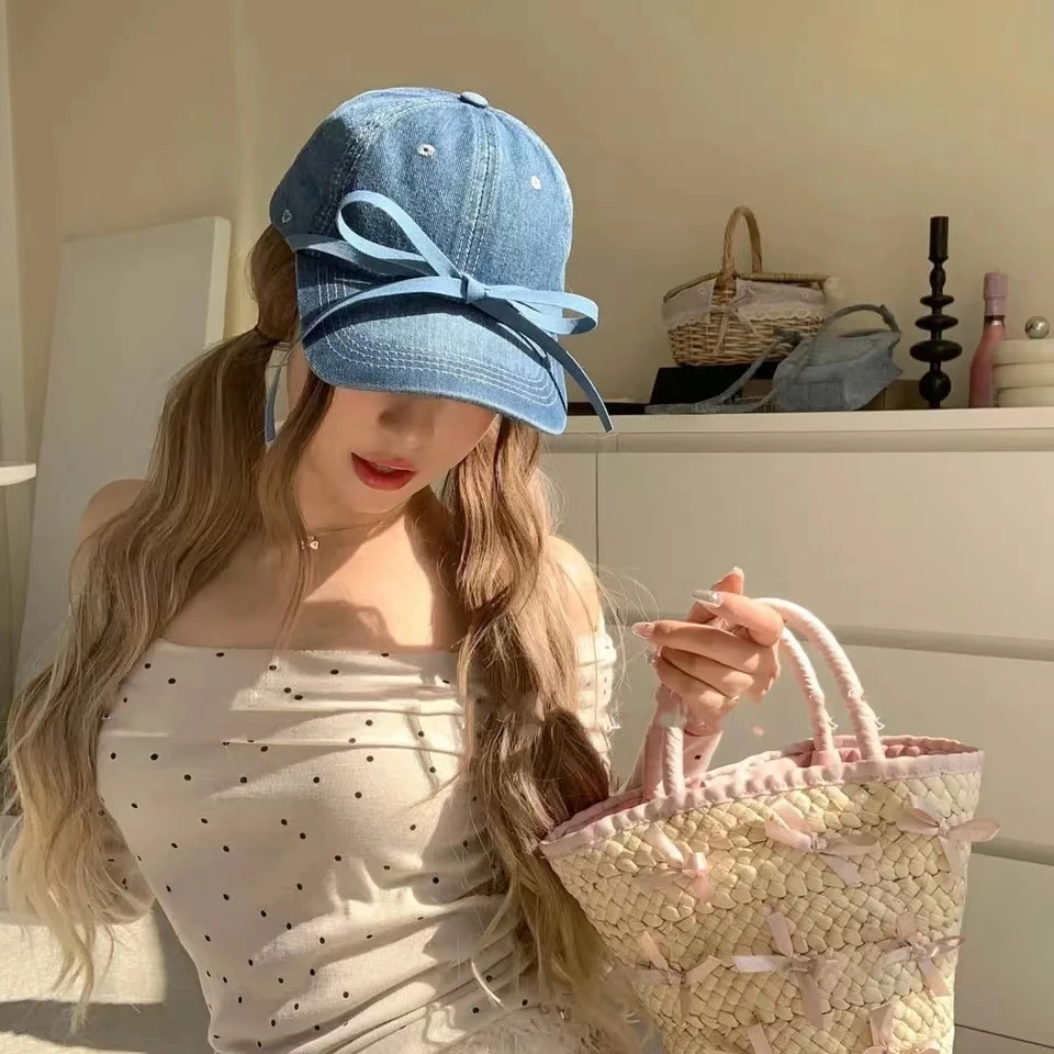 

2024 Sweet Bow Hot Diamond Love Denim Baseball Caps Unisex Korean Version Niche Ins Popular Casual Versatile Women's Hats