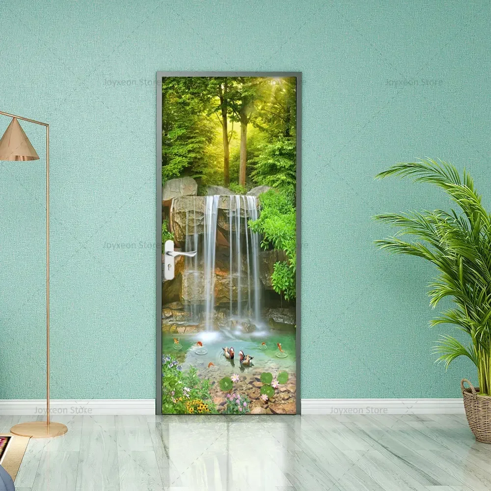 Natural Style Door Green Deep Forest Waterfall Scene Poster Vinyl PVC Waterproof Scratch Resistant Self-adhesive Door Sticker images - 6