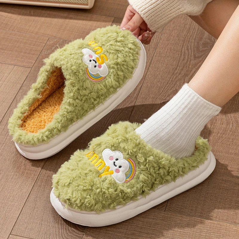 Home Lovely Fluffy Slippers Women 2025 Winter Thick Bottom Non Slip Cotton Slippers Woman Indoor Soft Sole Warm Plush Slides
