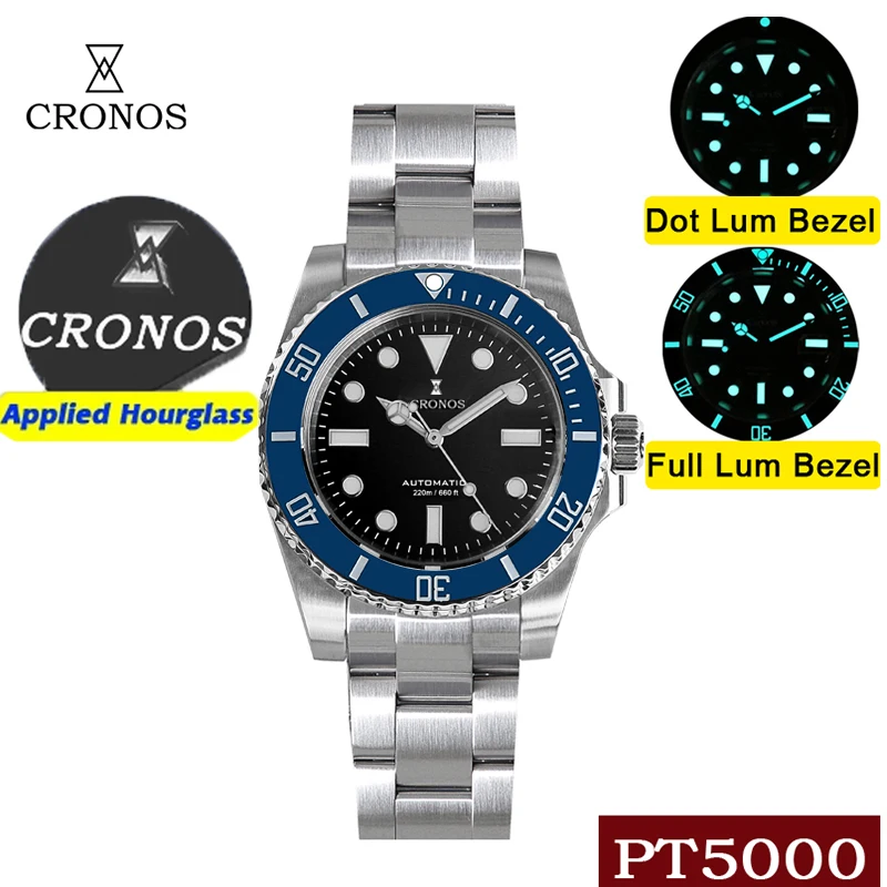 Cronos Sub Diver Orologio Uomo Automatico – No Date, Vetro Zaffiro, Lunetta Ceramica, Impermeabile 20 ATM, Bracciale Acciaio 316L
