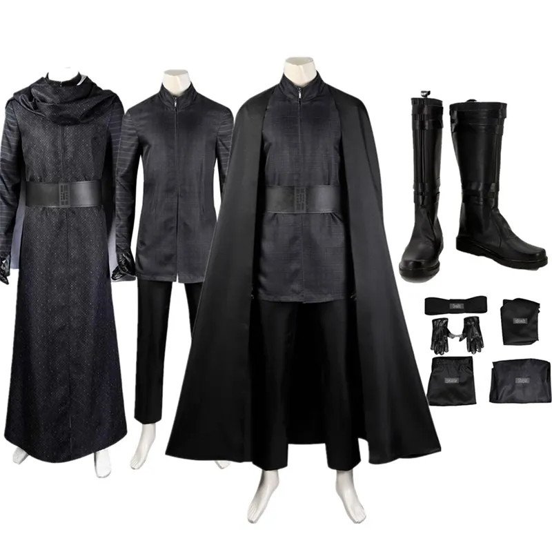 Kylo Cos Ren 코스프레 코스튬 성인 남성 유니폼 상의 바지 망토 신발 부츠 의상, 할로윈 카니발 파티 세트