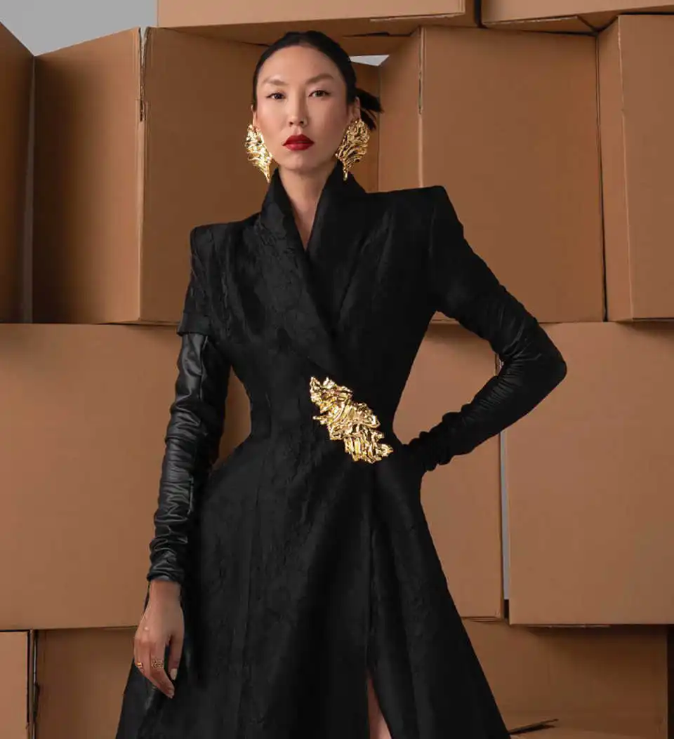 Women Long Blazer Floral Jacquard Tuxedos Shawl Lapel Lady Slim Fit Floor Length Coat Made Only Jacket