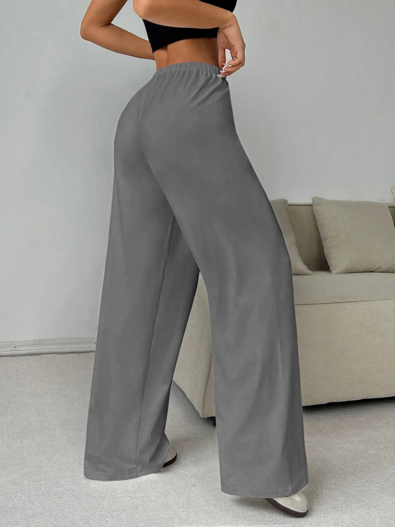 New Women's Fashion Comfortable Solid Color Pants Loose Wide Leg Sporty Casual Elastic Waist Pants