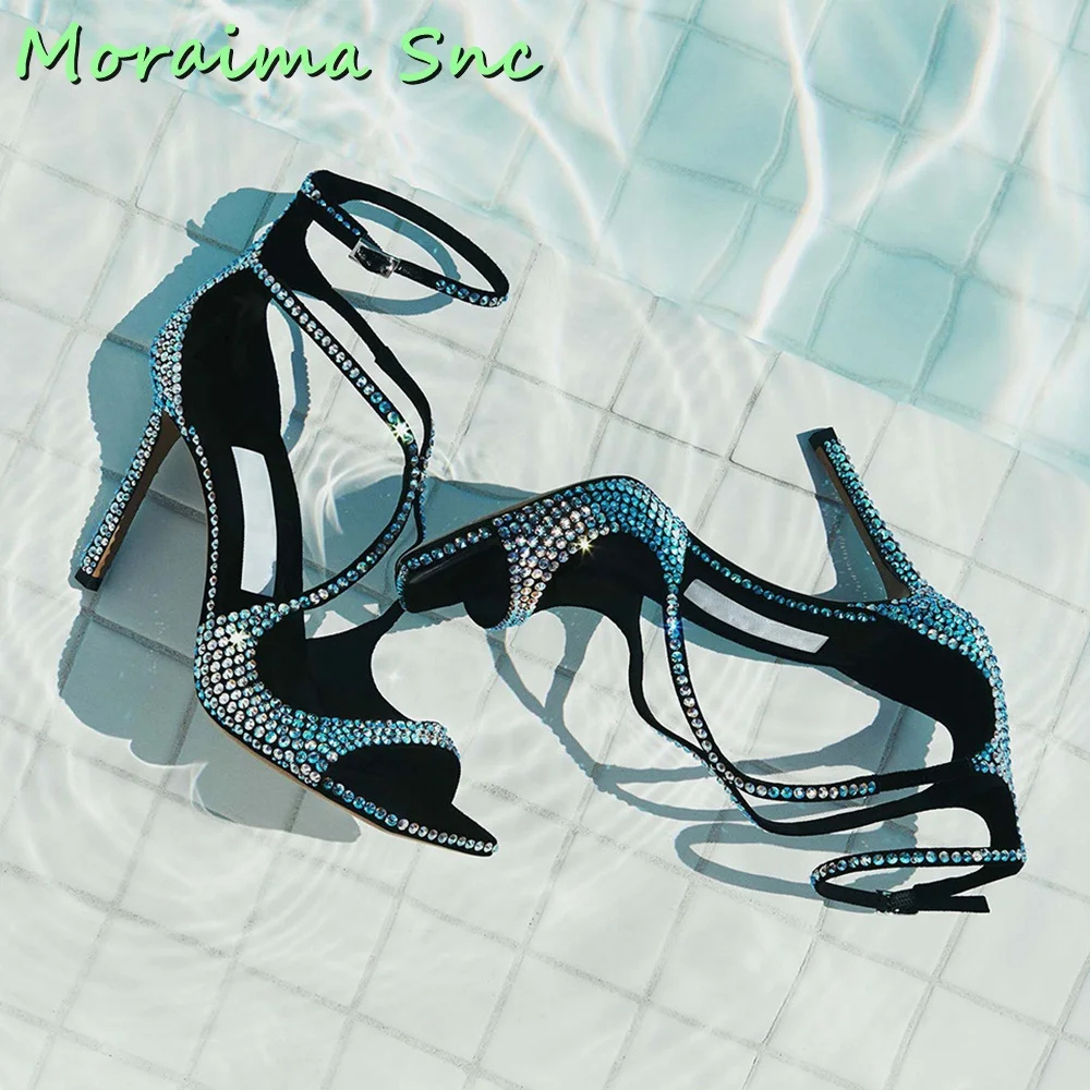 

Luxury Square Toe Crystal Bling Sandals Stiletto High Heel Blue Solid Sexy Women Shoes Summer 2023 New Fashion Ankle Buckle Stra