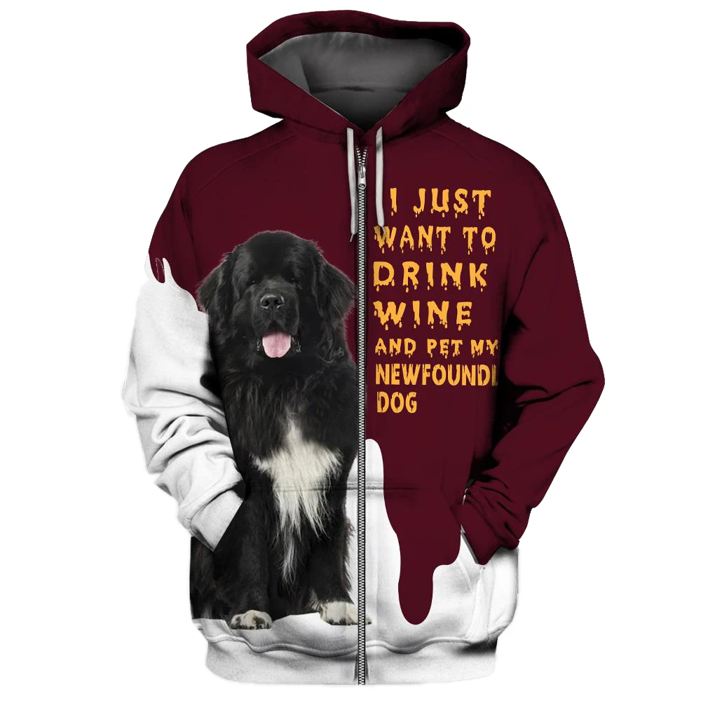Cloocl Animals Zip Hoodies 3d Graphic Wine Newfoundland Dog Printed
