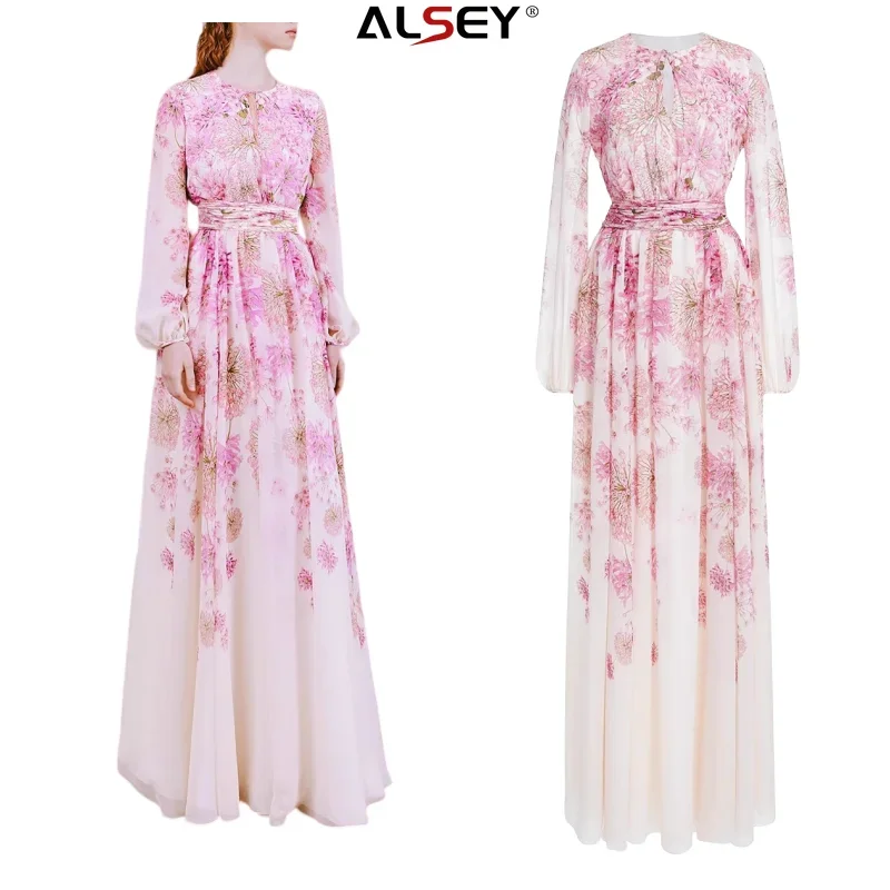 

ALSEY French Vintage Dress Pink Printed Dress Ankle-length Long-sleeved Fashion Temperament Skirt Hollow Design 2023 Winter New