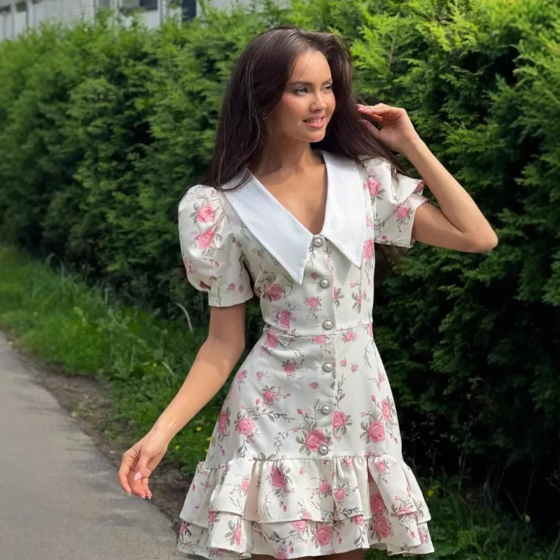 Print Puff Sleeves Ruffled Dress Women's 2025 V-Neck High Waist Pearl Buttons Mini Dress Female Casual Vacation Fashion Dress