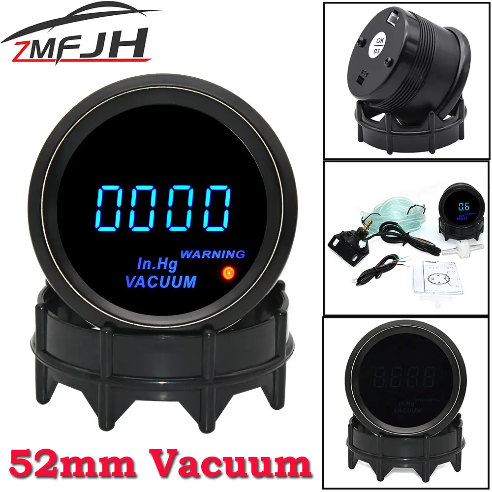 2" 52mm Blue LED Digital Car Gauge Universal For Gasoline Motor Vacuum Gauge Auto Car Vacuum Meter With Warning Light 12V